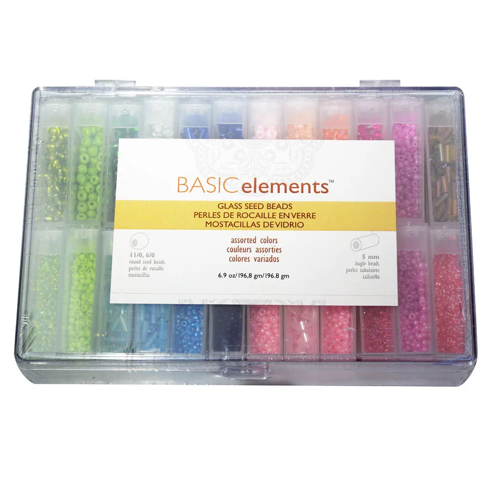 Basic Elements, Glass Seed Bead Assortment and Storage Container, Size 6/0, 11/0 Round Beads & 5mm Bugle Beads