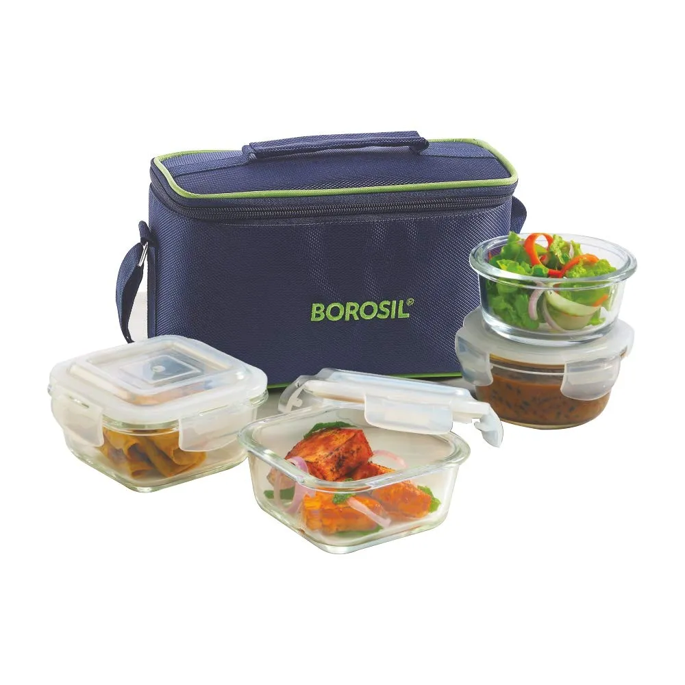 Borosil Glass Universal Lunch Box Set of 4, (2pcs 320ml sq.   2pcs 240 ml Rnd) Microwave Safe Offic & Klip N Store Glass Food Container, 320 Ml Square, For Kitchen Storage With Air Tight Lid - M Combo