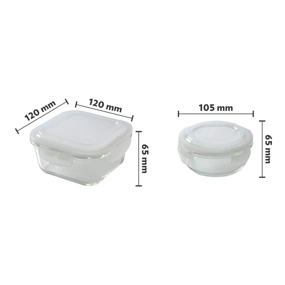Borosil Glass Universal Lunch Box Set of 4, (2pcs 320ml sq.   2pcs 240 ml Rnd) Microwave Safe Offic & Klip N Store Glass Food Container, 320 Ml Square, For Kitchen Storage With Air Tight Lid - M Combo