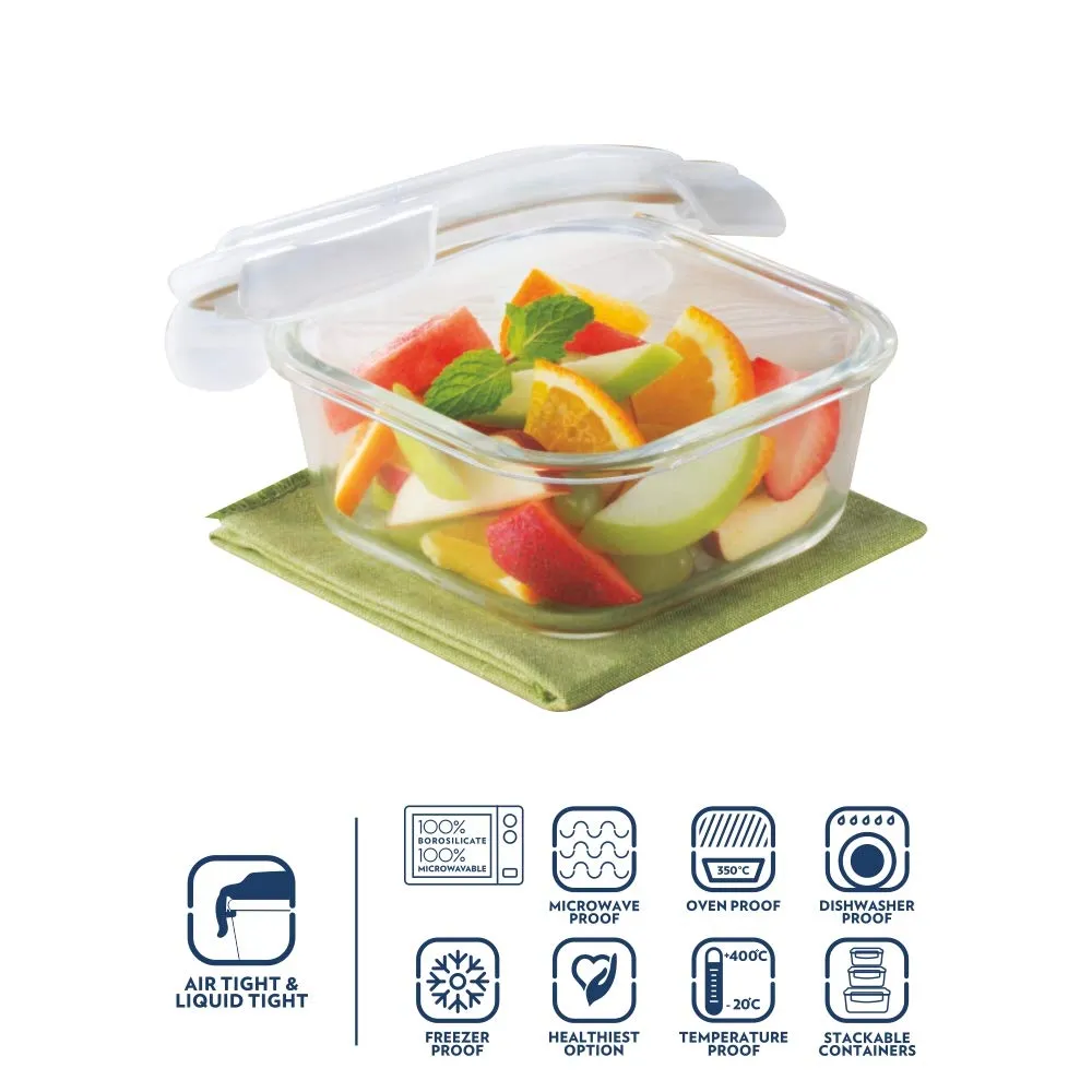 Borosil Glass Universal Lunch Box Set of 4, (2pcs 320ml sq.   2pcs 240 ml Rnd) Microwave Safe Offic & Klip N Store Glass Food Container, 320 Ml Square, For Kitchen Storage With Air Tight Lid - M Combo