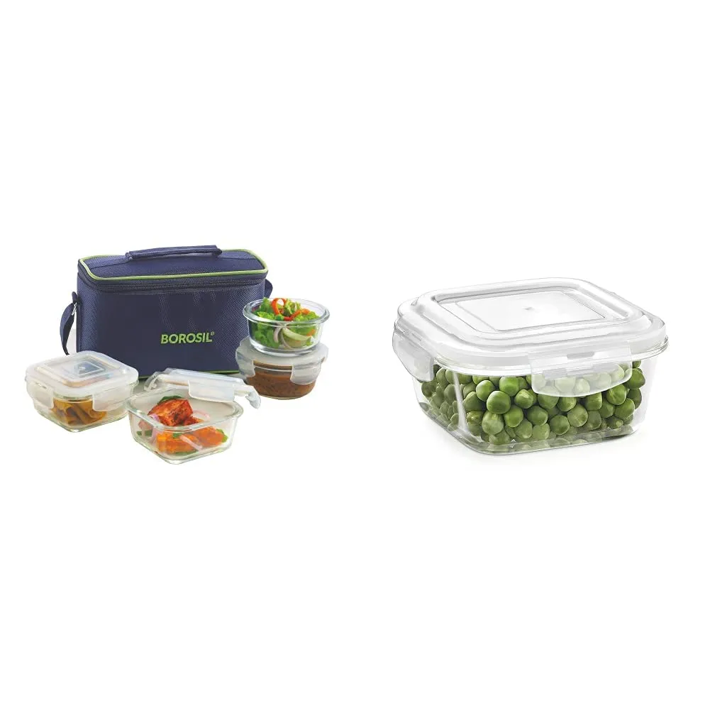 Borosil Glass Universal Lunch Box Set of 4, (2pcs 320ml sq.   2pcs 240 ml Rnd) Microwave Safe Offic & Klip N Store Glass Food Container, 320 Ml Square, For Kitchen Storage With Air Tight Lid - M Combo