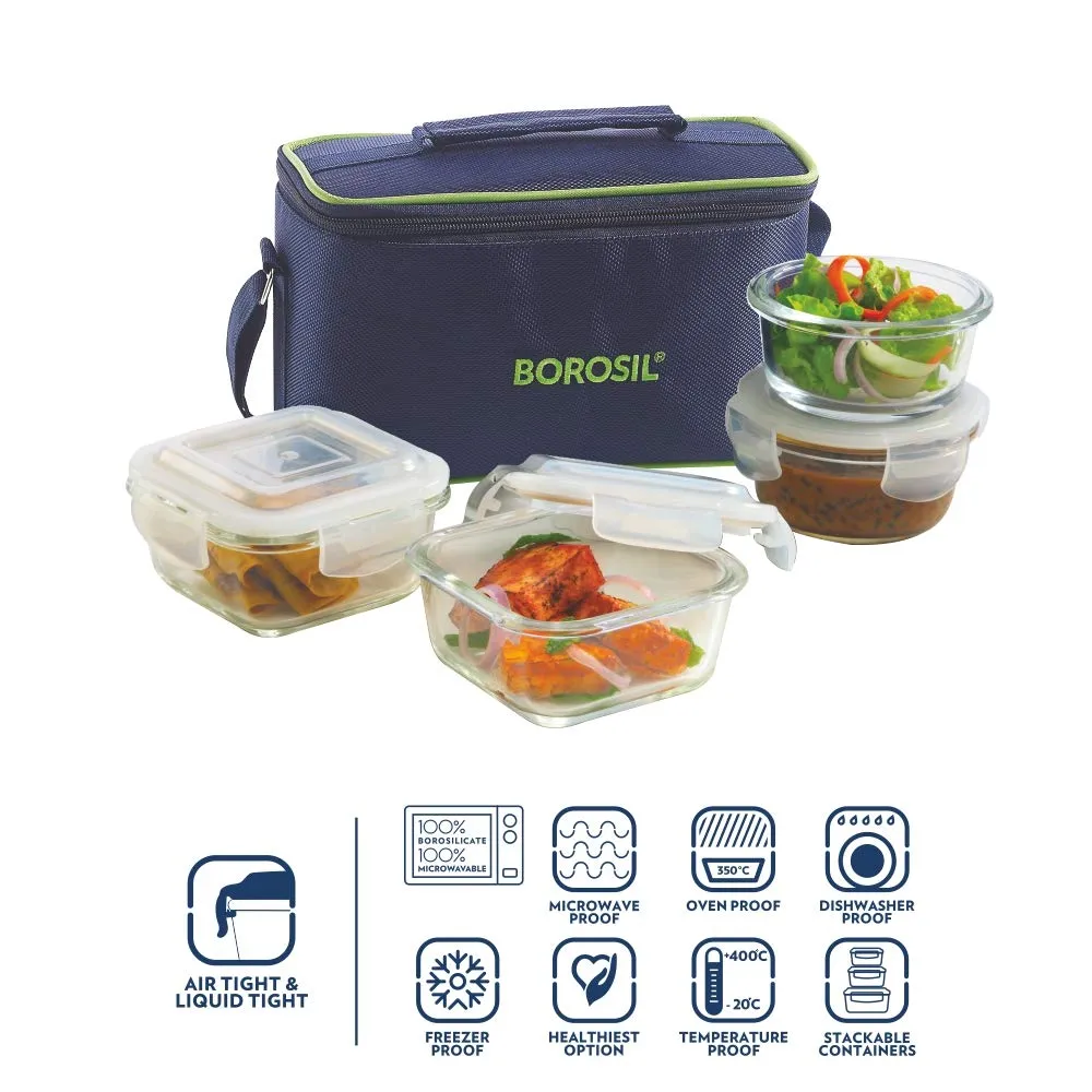 Borosil Glass Universal Lunch Box Set of 4, (2pcs 320ml sq.   2pcs 240 ml Rnd) Microwave Safe Offic & Klip N Store Glass Food Container, 320 Ml Square, For Kitchen Storage With Air Tight Lid - M Combo