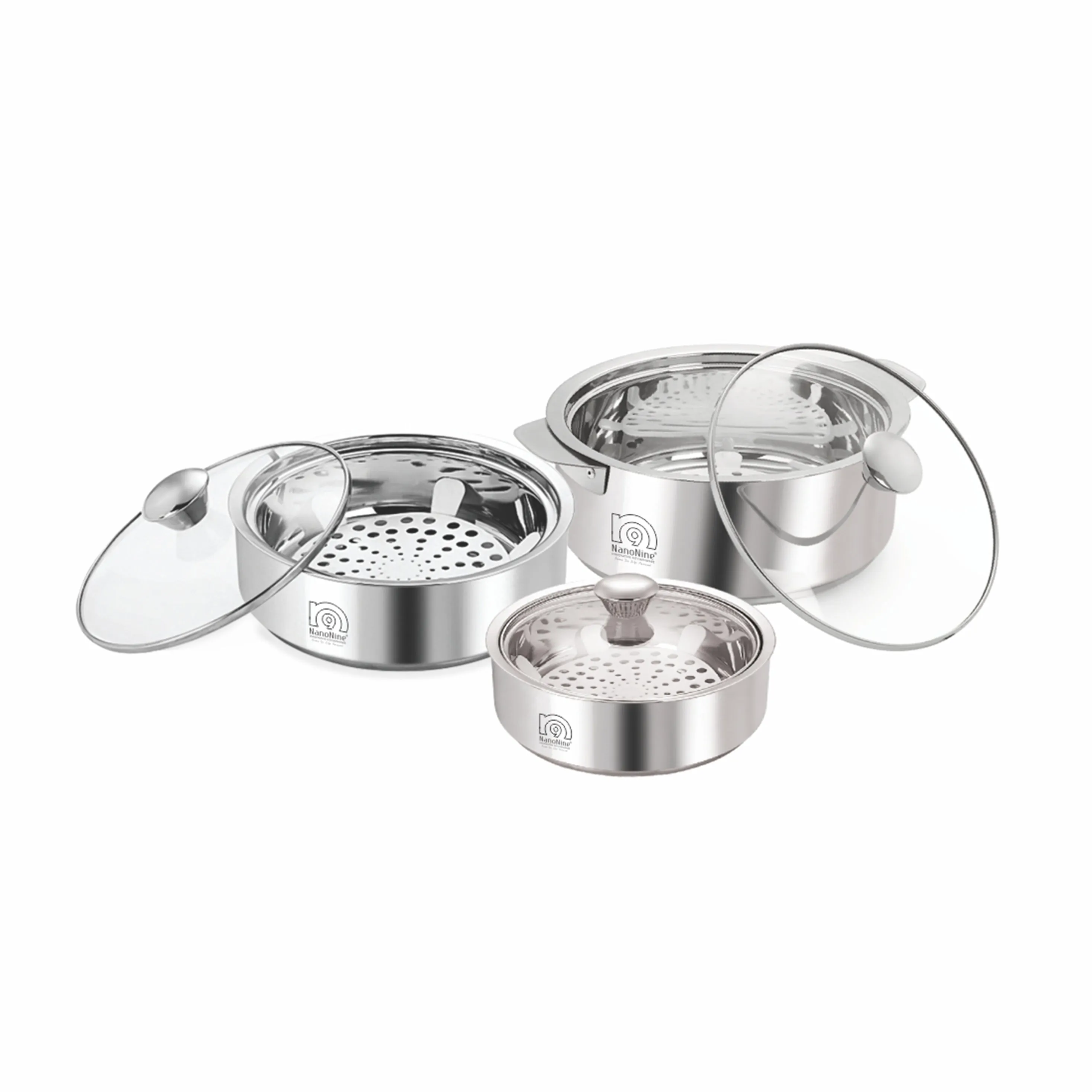 NanoNine Roti Saver 800 ml   1.25 L   2.55 L Double Wall Insulated Stainless Steel Serve Fresh Chapati Pot with Glass Lid.